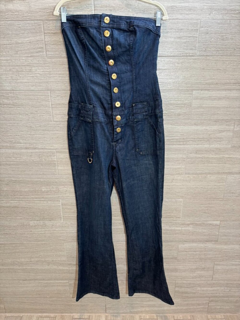 Bebe Denim Strapless Belted Tube Top Jumpsuit